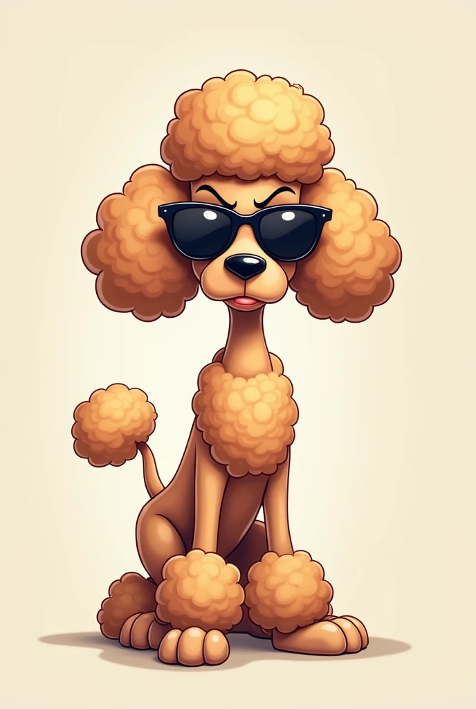 Create a cartoon design of an angry, arrogant, snobbish poodle wearing sunglasses standing proudly 