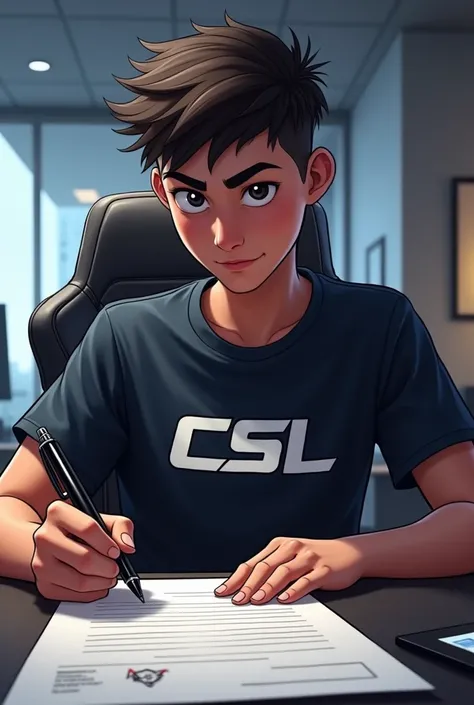 Make an image of a gamer with the shirt written "csl" this gamer&#39;s name is "acey" and he is signing a contract with csl