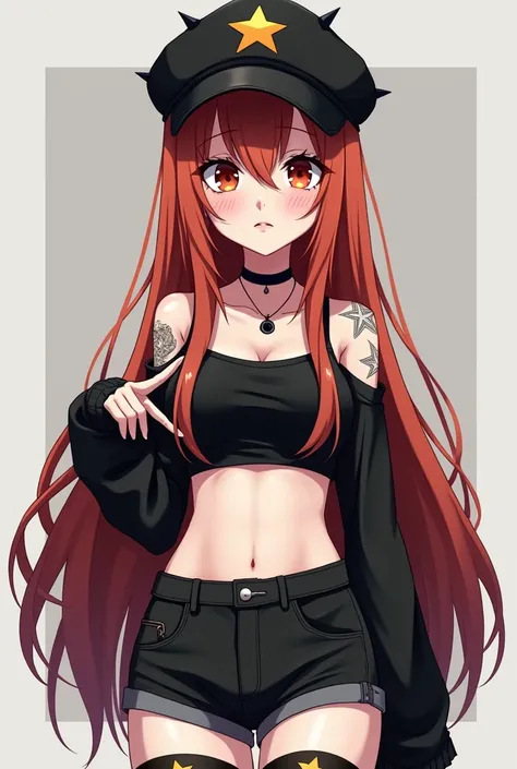 Anime girl icon, slim, super pale white skin, conceited face, long copper red hair, star tattoo, black cap with thorns, black necklace, black top with long sleeves, Short black shorts and black tights with small stars, black eyes, only half photo for profi...