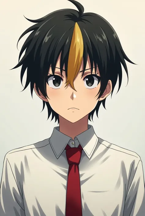 Male character anime format, black hair with yellow streak, short, black eyes, wearing a white shirt with a red tie, SERIOUS LOOK
