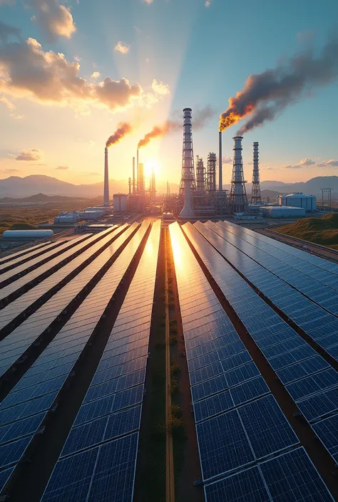 Create an illustration that has a solar power plant on one side and an oil plant on the other side.