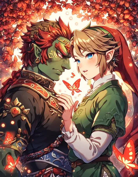 absurdres, highres, ultra detailed, HDR, master piece, best quality, extremely detailed, detailed eyes, Ganondorf, red hair, expressive golden eyes, The Legend Of Zelda Twilight Princess, Link, brown hair, expressive blue eyes, two sexy men together, yaoi,...