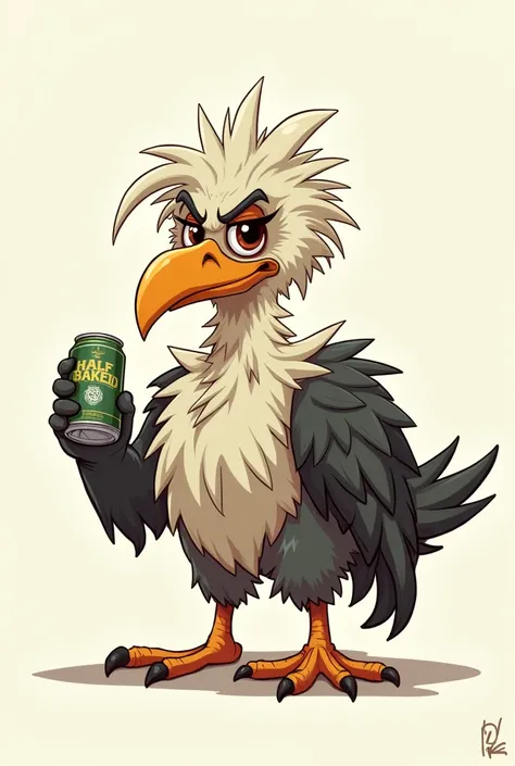 Cartoon of a half-idea vulture, sloppy and with a little belly drinking beer 