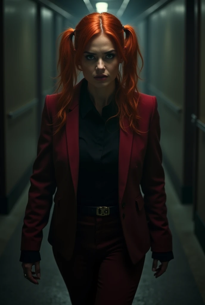 red-haired woman,com penteado pigtails,with black and red clothes,fully body,background walking in the dark,looking forward in anger