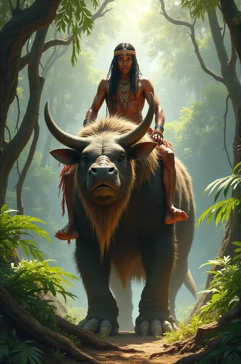 An indigenous person riding an entelodont