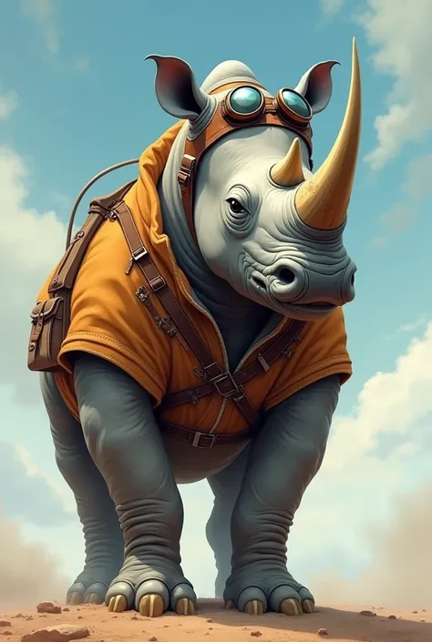 Drawing of a standing rhino wearing an aviator outfit 