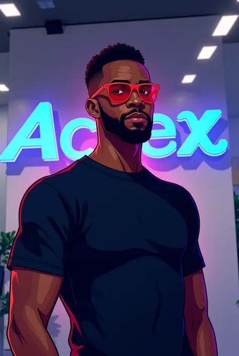 Drawing of a black man, of red glasses, with a black t-shirt, Aciex office, the Acie written in blue, and the blank X 