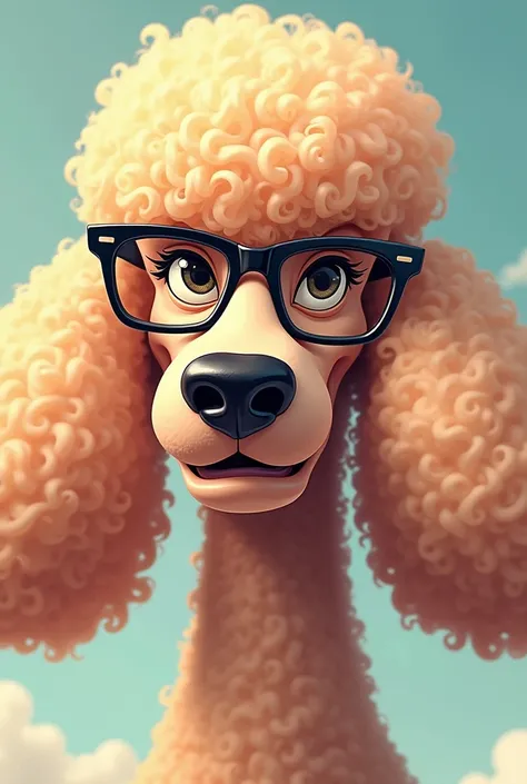 Draw an angry, arrogant, snobbish poodle dog with glasses and fluffy fur in cartoon style