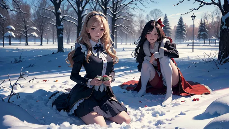 4k, ((masterpiece,best quality,ultra detailed,ultra high res)), (mastepiece, Best Quality, Ultra-detailed, Photorealistic, extremely delicate and beautiful),
Alice in Wonderland, at winter, Playing in the snow, Happy smile, Very beautiful girl, correct fac...