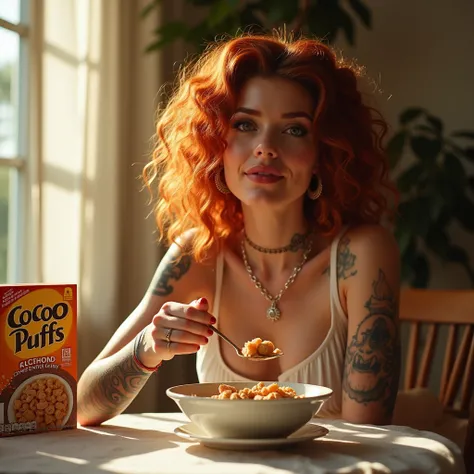 Full View 8K, a natural white female, sitting at a table eating a bowl of Coco Puffs cereal with the box of coco puffs on the table next to her, with the sun shining through the window, a natural white female, with curly red hair, lashes, plump lips, flawl...