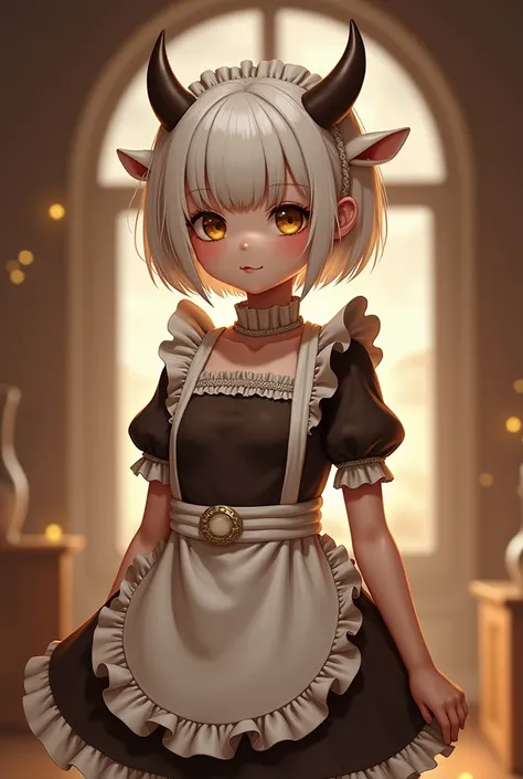 Brown maid outfit, short white hair bowcup, ox horns hairstyle, flat chest