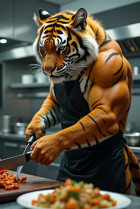 Tiger chef slicing his own long tail off 