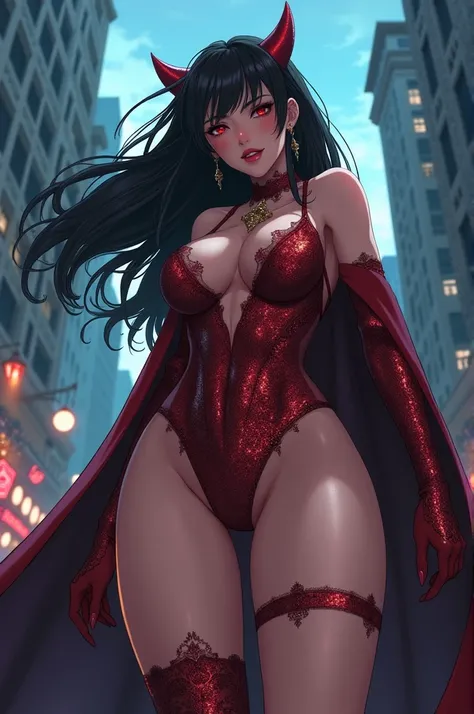 vampire heroine posing, cityscape, realistic, (retro anime), mature, (iridescent bodysuit), (lace accessories), [from below], fisheye-view, ((majestic)), ((action pose)), (((elegant))), (((serious tone))), (close-up), masterpiece, (((realistic) skin)) deta...