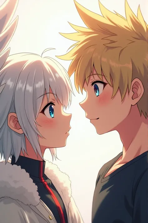 ((best quality)), ((masterpiece)), (detailed), perfect face ((Boku no hero style, anime)) A girl with short messy white hair, white wings, blue eyes looking até Katsuki Bakugou. A blonde Guy, short and spiky hair with red eyes. They are looking até each ot...