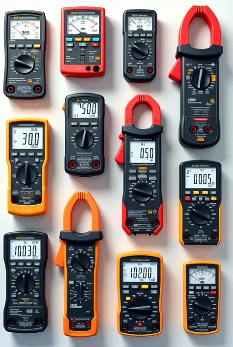 Create an image where you can find a single ammeter: analog ,digital, clamp, low consumption 