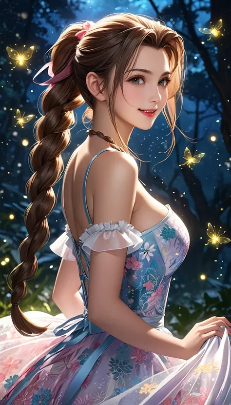 (((masterpiece))),((Highest quality)),Beautiful girl, Aerith, Sexy witch, bangs、(Long Hair, Braided ponytail:1.5)、(((huge firm bouncing bust, Deep cleavage)))、2、Translucent white skin, Sparkling sweat, (Gorgeous frilled dress with intricate patterns:1.5)、J...