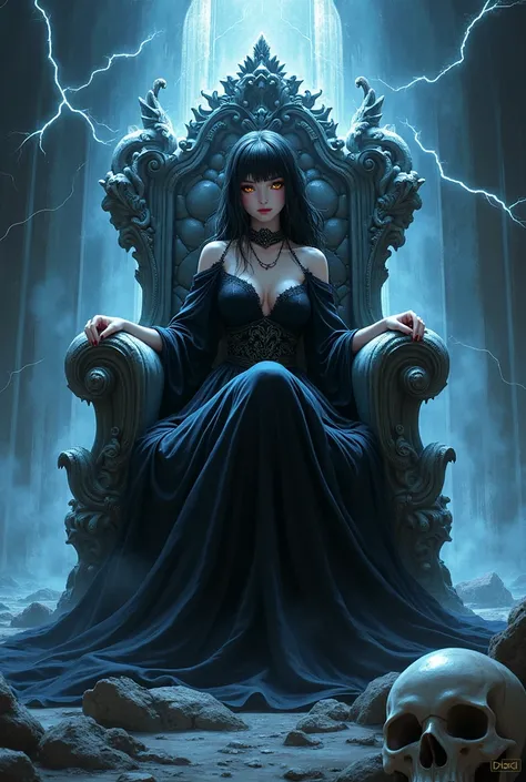 Woman, anime girl, sitting on throne of skulls, black hair, black gown, white, golden eyes, fierce aura, black ice, aura of death, black thunder, ultra high resolution, 8k, 2d