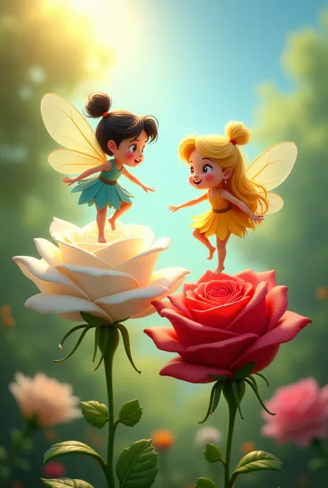 two rose, white rose and  red rose two cartoon stylist fairies on both  roses in the garden dancing cartoon stylist, some water drops on flower, sun rays in garden , greenery