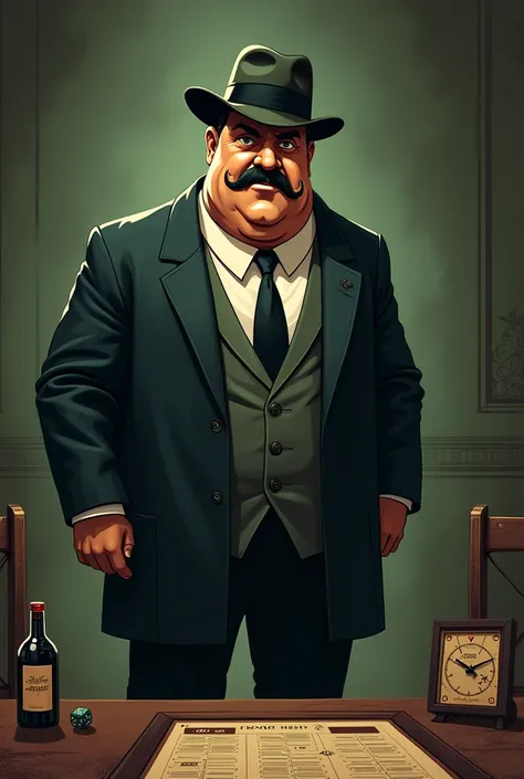 Al Capone in cartoon board game mafia style in dark beige and green background 