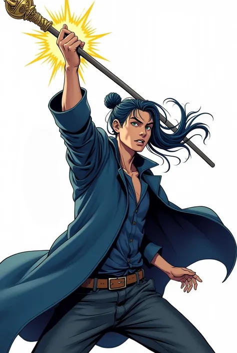 traditional comic art. d&d, young man magician, Bblack hair, Bun hair, dark blue overcoat, wizard&#39;s staff, traditional comic art. No Background Heroic Poses Dramatic Light and Shadow, fundo branco
