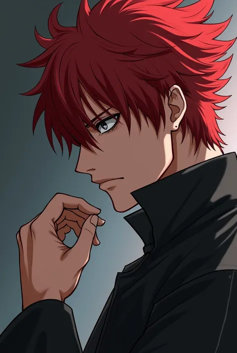 man, Japanese anime style, side profile, looking down at hand, red hair, white, black cold eyes, fierce aura, ultra high resolution, 8k, 2d