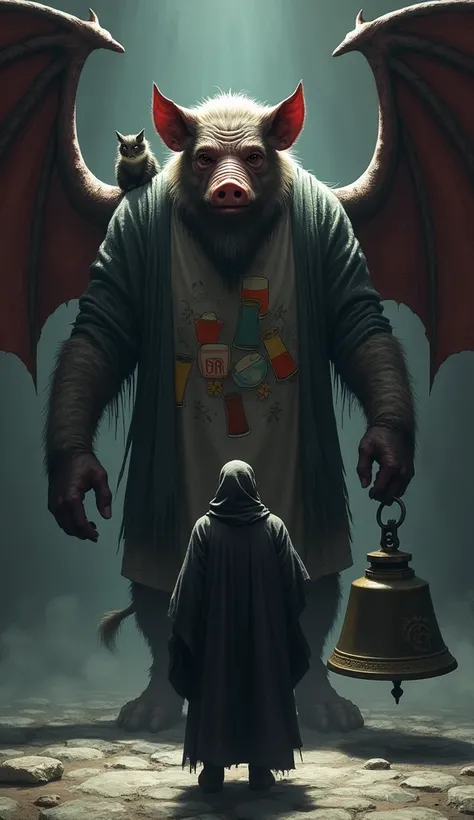 Illustration of the devil in his true form, standing in front of Prophet Yahya in a dark and tense atmosphere. The devil&#39;s body resembles a pig with an ape-like face., his eyes and mouth are elongated, and his nose is up. On his shoulders and eyebrows ...