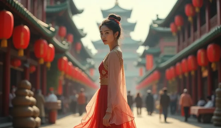 the same woman walking backwards through the streets of china