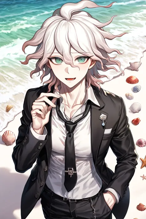 Ultra detailed, Highres, absurdres, HDR, master piece, Komaeda Nagito, white hair, expressive gray-green eyes, Danganronpa, sexy man, solo, black necktie, black clothes, black pants, white shirt, glittering, sensual, fantasy, manly man, horny, beach, seash...