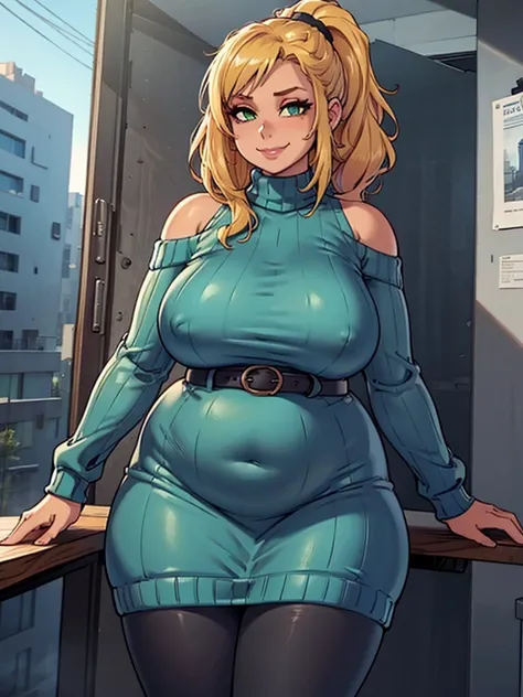 ((Masterpiece, best quality, perfect lighting, amazing shading)), (perfect anatomy, realistic proportions), field of depth, extremely beautiful, 1girl, (blonde hair), ponytail, green eyes, (neon blue sweater), leggings, (chubby), (ribbed sweater dress), ex...