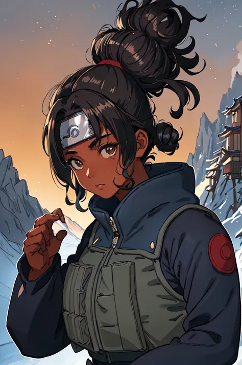 joninvest, heavy navy colored coat with fur, forehead protector, black headband, konohagakure, japanese village background, brown skin, black hair, messy bun, extremely curly hair, <lo (best quality, masterpiece, RAW photo,ultra-detailed:1.2), 1girl, solo,...