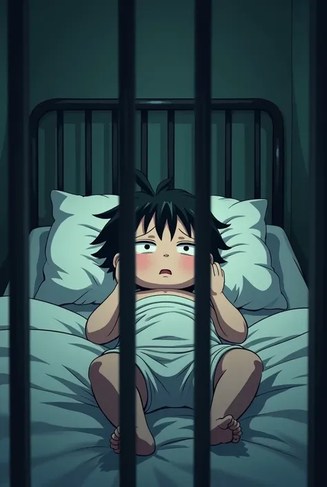 (((anime style, cel shaded, a young boy lying on a bed with the bed being surrounded by bars))), vulnerability, soft rumpled sheets, dimly lit room, tension, shadows playing across the scene, (((partially clothed in a baggy onesie))), expression of discomf...