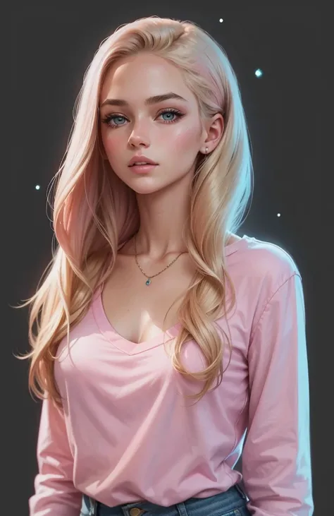 beautiful illustration, ultra-detailed, masterpiece, beautiful girl, pink shirt with glitter, simple blue skinny jeans, blond hair, realistic, european