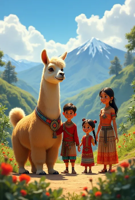 Inca family and Peruvian llamas pixar type