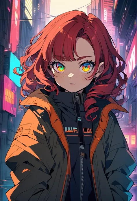 A  girl, red hair, curly hair, ray eyes, jacket, cyberpunk background, anime style, freckles, small breast