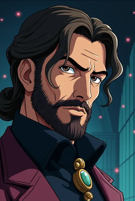 Portrait in a an anime style of the 90s of a young noble Alchemist man with dark gothic style and brown hair with a beard  in his 40s