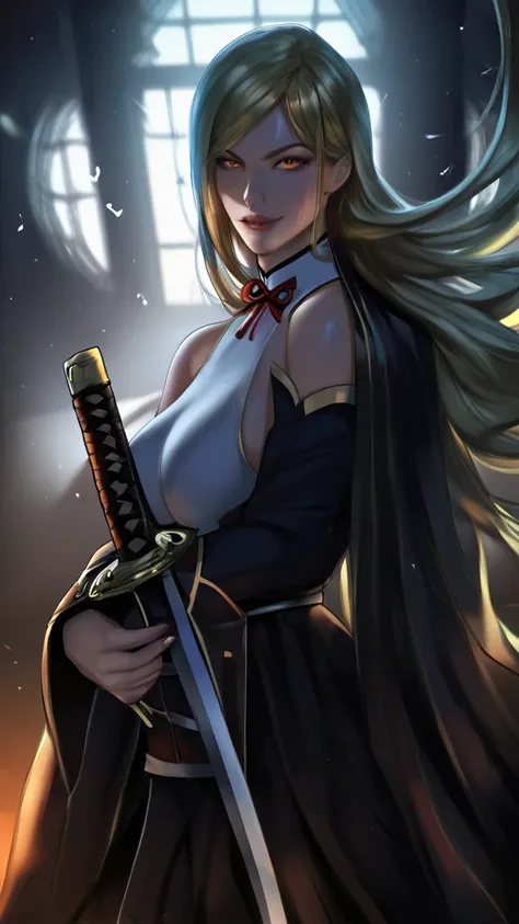 girl with long yellow hair, orange eyes, naughty face, shiny skin, sweating, holding sword, looking at viewer, floating hair, su...