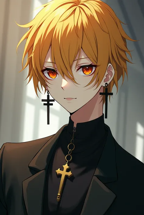 An anime style man with disheveled yellow hair and dark orange hunter eyes and pale skin color and tall with a formal attire with black cross earrings and a cross necklace