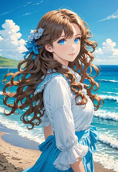 Anime image of a girl. Long Veronica hair. Blue eyes. Near the sea. Curly silky hair,