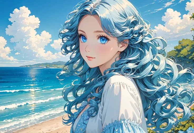 Anime image of a girl. Long Veronica hair. Blue eyes. Near the sea. Curly silky hair,
