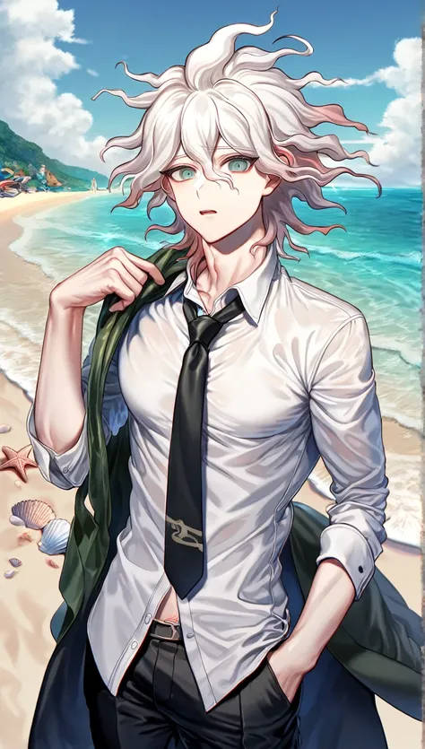 Ultra detailed, Highres, absurdres, HDR, master piece, Komaeda Nagito, white hair, expressive gray-green eyes, Danganronpa, sexy man, solo, black necktie, black pants, white shirt, glittering, sensual, fantasy, manly man, horny, beach, seashells, sea, sand