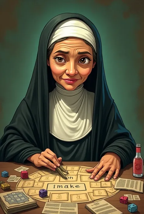 MotherTeresa in cartoon board game mafia style in dark beige and green background 