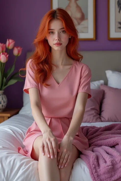 beautfull woman, Youngh, 20 years old, with red hair, brown-eyed, realisitic, wearing a pink short-sleeved blouse and mid-length skirt sitting on the bed in her bedroom with a purple background and pretty decorations that show off her entire body