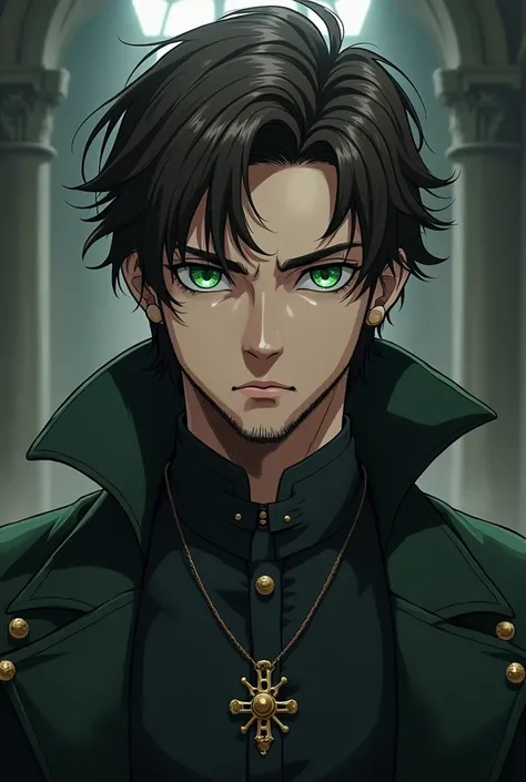 Portrait in a an anime style (like in the Vampire Hunter D movie) of a young noble Alchemist man with dark gothic style and brown hair with a beard in his 30s. Hes wearing all grey clothes and have deep green eyes