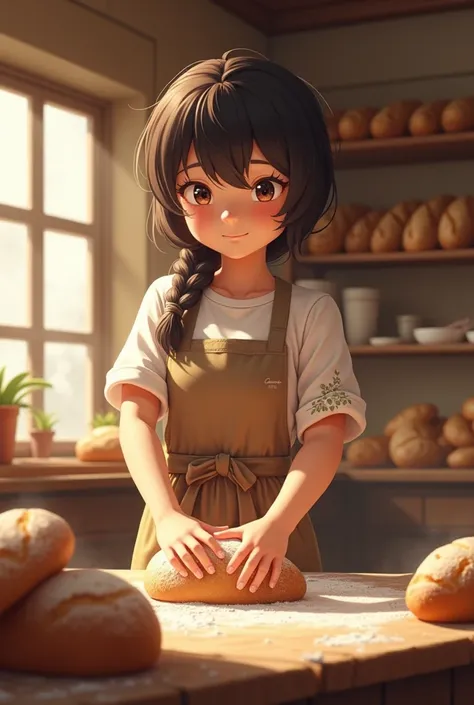 The girl bakes bread in the bakery shop