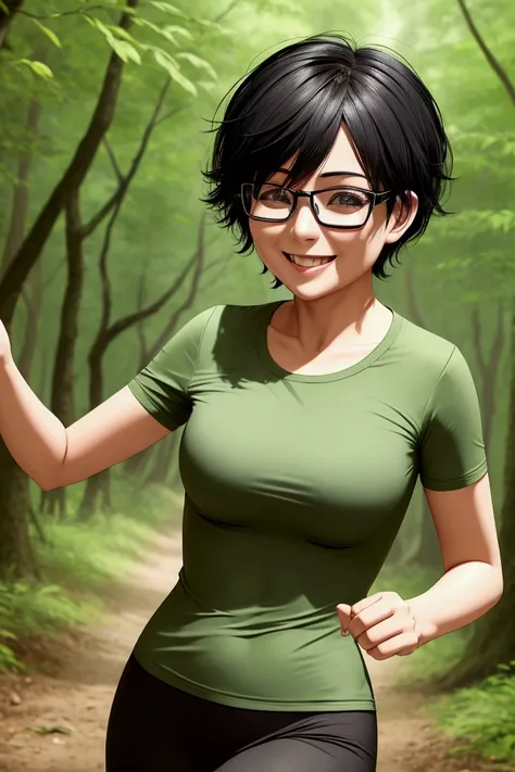 woman smiling, with glasses, short black hair running in the forest