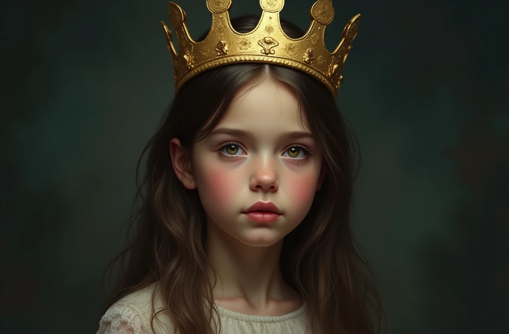 «(Best quality,a high resolution:1.2),realistic,portrait,middle:digital painting,soft lighting,bright colors,horrible stuffed animal,bold expression,Detailed eyes and lips,figurative composition&quot; girl with a golden crown dark colors