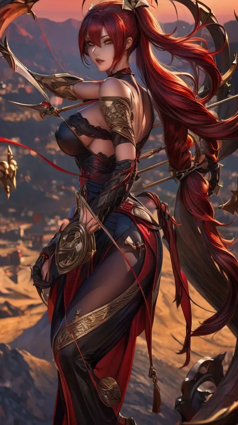 (detailed background,dark fantasy),(beautiful detailed face),(1 girl,solo,red hair,sharp face,low twintails,golden eyes,hair between eyes,dynamic angle),full body,bow,archer,flying arrows,genshin impact,Yoimiya