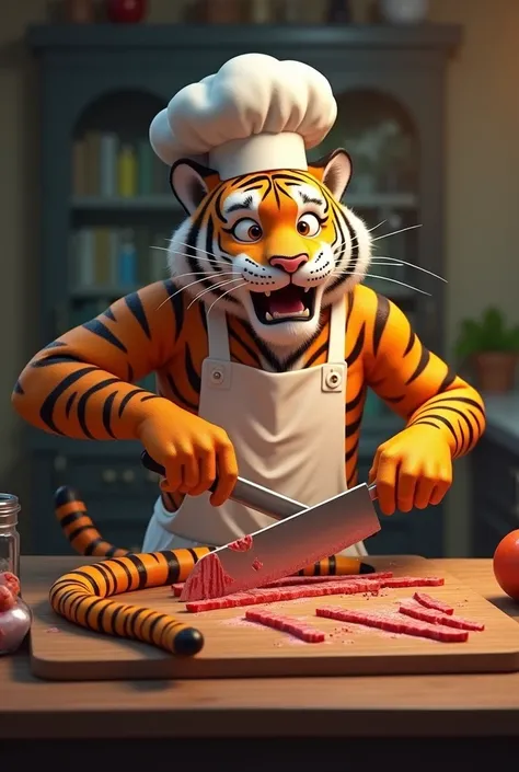 Tiger chef cutting his own long tail into pieces, shocked expression, realistic, long sliced tail, long severed tail on the counter