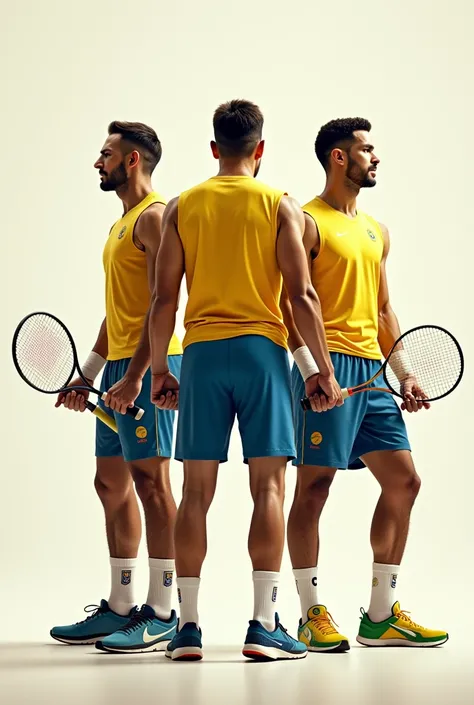 Create an image with Brazilian Paralympic athletes, only with tennis player, badminton and table tennis. The 3 athletes side by side and do not show their faces

