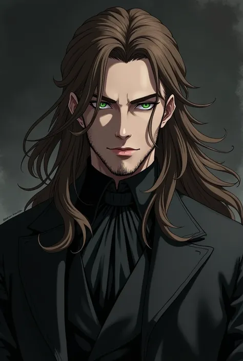 Portrait in black and white in an anime style (like in the Vampire Hunter D movie) of a young noble Alchemist man with dark gothic style and long brown hair with a beard in his 40s. Hes wearing all grey clothes and have deep green eyes